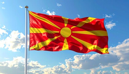 A bright, waving flag against a backdrop of a cloud-strewn sky, illuminated by sunlight. The flag is red and yellow