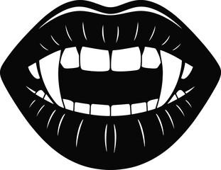 Detailed black vampire lips with fangs perfect for designs on transparent background silhouette