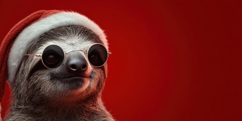 Cool sloth wearing santa hat and sunglasses smiling with festive christmas animal charm