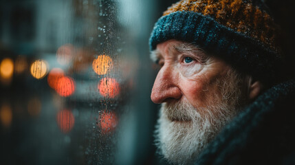 A lonely old man gazes through frosted glass while people pass by during a quiet Christmas time