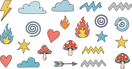 Vector art of assortment of colorful doodle elements like lightning, clouds, fire, hearts, mushrooms, and arrows