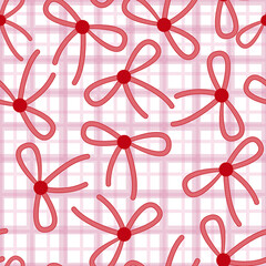 Seamless pattern with red and pink bows on a checkered background. Surface background for decorating textiles, tablecloths, pillows, bedding, gift box, wrapping paper. Valentine's Day and birthday.