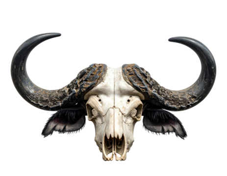 Close-up buffalo skull, horns and jaw