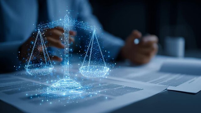 Man working on office with digital holographic scales of justice above stacked documents in office. Lawyer at workplace. Concept of digital law and modern justice system