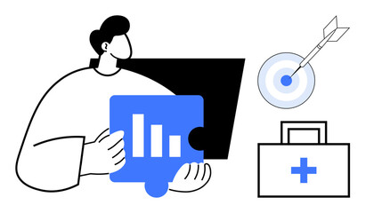 Fototapeta premium Professional holding a bar chart puzzle piece, dart hitting target, briefcase with medical cross. Ideal for strategy, analytics, goals, planning, problem-solving healthcare teamwork. Simple flat