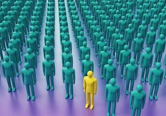 Fototapeta premium Stand Out Concept Crowd of Teal Figures with a Single Yellow Figure Standing Out
