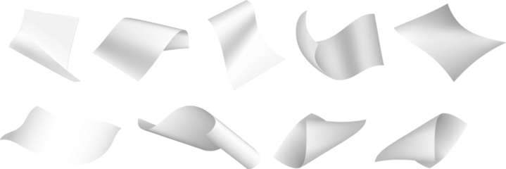 Empty Flying paper Flying White Paper isolated on transparent background, Falling White Blank Paper PNG Flying paper sheet Falling paper sheets. Set of flying curved leaves of paper A Cascade of Paper