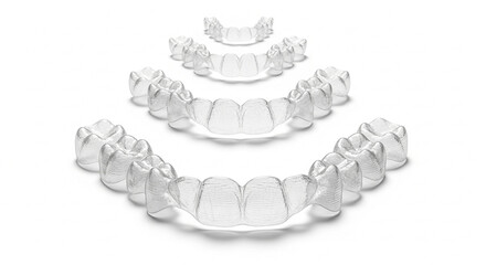 Set clear dental aligners or retainers arranged in ascending size, representing orthodontic treatment for teeth alignment, isolated on