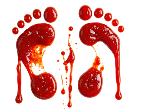 Red sauce footprints on black background