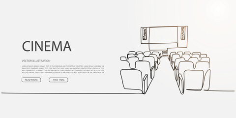 Cinema auditorium landing page design with rows of seats and screen, minimalist vector layout for movie websites