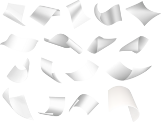 Empty Flying paper Flying White Paper isolated on transparent background, Falling White Blank Paper PNG Flying paper sheet Falling paper sheets. Set of flying curved leaves of paper A Cascade of Paper