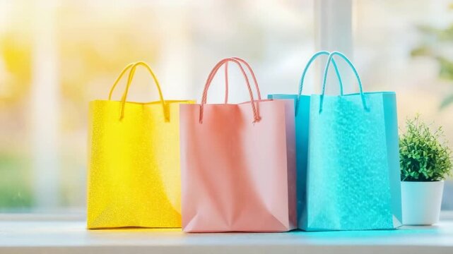 Delightful row of vibrant shopping bags in yellow, pink, and blue, illuminated by soft natural light on bright surface, symbolizing festive occasions