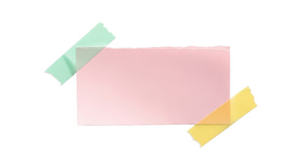 A small pale pink paper scrap taped with mint green and yellow tapes, slightly curved surface, realistic light shadow, hand-cut torn edge detail, modern pastel collage aesthetic, isolated element