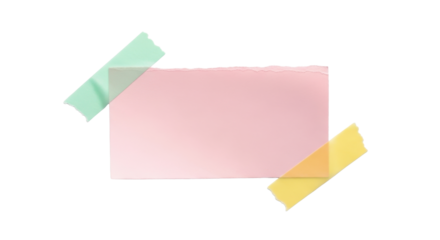 A small pale pink paper scrap taped with mint green and yellow tapes, slightly curved surface, realistic light shadow, hand-cut torn edge detail, modern pastel collage aesthetic, isolated element