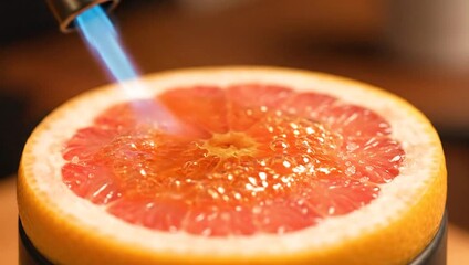 Creating a caramelized grapefruit dessert with a culinary torch, a vibrant close up of sugar melting into a delicious sweet treat in a modern kitchen