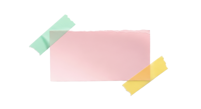 A small pale pink paper scrap taped with mint green and yellow tapes, slightly curved surface, realistic light shadow, hand-cut torn edge detail, modern pastel collage aesthetic, isolated element