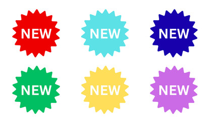 Vibrant Set of 6 NEW Starburst Badges | Product Announcement Stickers in Red, Blue, Green, Yellow, and Purple | New Arrival E-commerce Label Icons PNG

