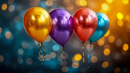 Festive row of vibrant metallic balloons with reflective surfaces and shiny ribbons, set against shimmering bokeh backdrop - Powered by Adobe
