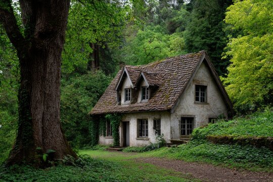 A weathered quaint cottage nestles amidst verdant foliage beside a grand tree