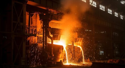 Molten metal pouring from a ladle in a dark industrial foundry with sparks and steam rising