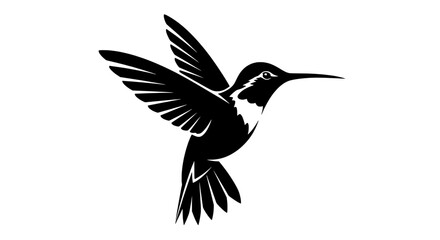 Silhouette of a hummingbird in flight with wings spread wide showcasing its delicate form and swift movement against a white background