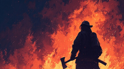 Courageous firefighter silhouetted against inferno: confronting danger and protecting life