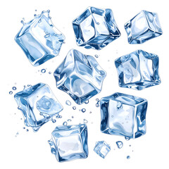 Obraz premium Digitally painted illustration of nine translucent ice cubes with water droplets on black