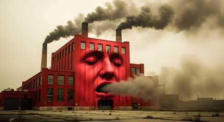 The Gigantic Face of Industrial Pollution Spewing Smoke From Factory Stacks Creating a Surreal and Ominous Landscape