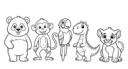 Charming hand drawn outline illustration of a friendly cartoon bear monkey parrot dragon and lion cub standing together in a line for coloring