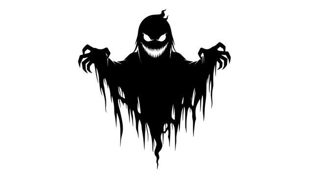 Spooky silhouette of a terrifying ghost with glowing eyes and jagged claws emerging from the darkness for halloween