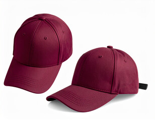 High-quality mockup of a maroon trucker hat showing both front and back views on a clean white background. Perfect for apparel branding, fashion design presentations, or product advertising templates.