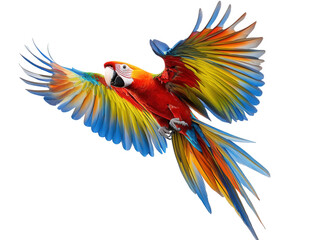 Fototapeta premium A vibrant scarlet macaw soars through the air, its wings spread wide, showcasing a stunning display of red, yellow, and blue feathers isolated on transparent background