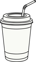 black line vector illustration of a takeaway coffee cup with lid and straw, minimalist clean lines, white background 3