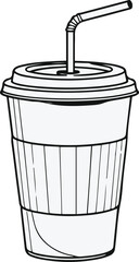 black line vector illustration of a takeaway coffee cup with lid and straw, minimalist clean lines, white background 1