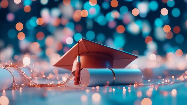 Radiant graduation cap and scroll rest on glowing surface, surrounded by cheerful, shimmering light circles, symbolizing academic achievement and future celebration