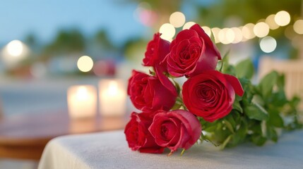 A Stunning Bouquet of Red Roses Amidst Soft Glowing Candles, Creating an Enchanting Evening Atmosphere Perfect for Romance and Celebration