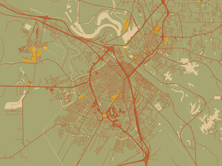 Vector-style flat map of Alexandria, Louisiana with sage green ground with rust-red roads and ochre accents.