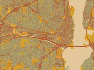 Modern flat map poster of Alexandria, Virginia in muted sage base, rust-colored roads, and soft ochre highlights.