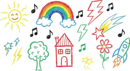 Vector art of handdrawn doodle of sun, rainbow, house, tree, rocket, and musical notes