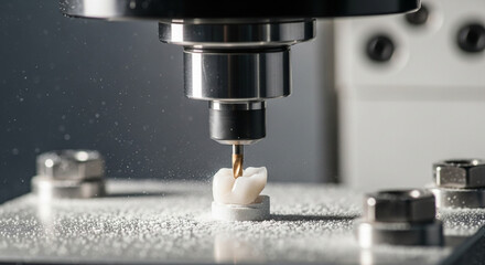 Modern dental milling machine precisely carves tooth crown from block, with fine dust particles flying, showcasing advanced technology in dental prosthetics