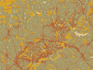 Contemporary flat map of Alpharetta, Georgia rendered with sage green ground with rust-red roads and ochre accents.