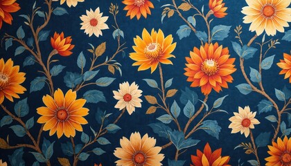 Dark blue textile with repeating pattern of large orange and yellow flowers. Stylized stems and leaves interweave across the fabric. Close-up view shows detailed floral design.