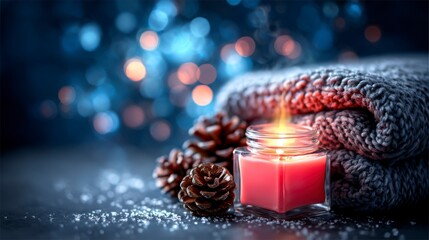 Warm and Cozy Atmosphere Created by a Flickering Candle Surrounded by Soft Textiles, Pinecones, and a Glittering Background of Lights