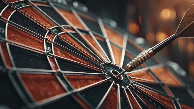 A dart embedded in the bullseye of a dartboard, showcasing precision and focus.