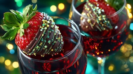 Indulge in a Sweet Sensation: Exquisite Chocolate-Dipped Strawberries Beautifully Arranged on Sparkling Wine Glasses Surrounded by Festive Lights