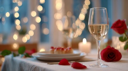 An Elegant Romantic Dinner Setting with a Glass of Wine, Rose Petals, and Soft Candlelight, Perfect for a Special Evening Together