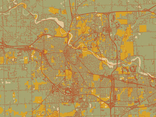 Poster-ready flat map of Ann Arbor, Michigan, earthy sage background with rust roadways and ochre details.