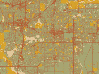 Minimalist flat city map of Apple Valley, Minnesota with olive backdrop with warm rust street network and ochre blocks.