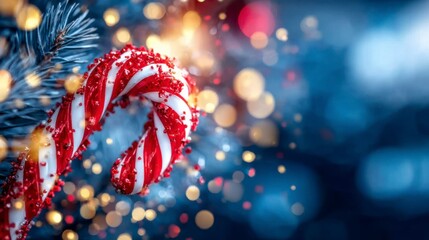 A Festive Candy Cane Ornament Surrounded by Sparkling Lights and Frosty Pine Needles, Creating a Magical Holiday Atmosphere for Celebrations
