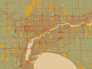 Flat painterly map of Appleton, Wisconsin in muted sage base, rust-colored roads, and soft ochre highlights.